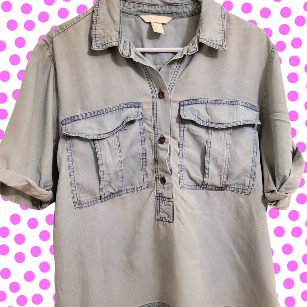 H&M Conscious Chambray Shirt in Size 14 Loose Fit with Large Front Pockets